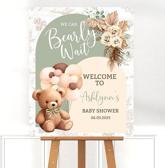 Green Bear Balloon Baby Shower Sign, We Can Bearly Wait Baby Shower Welcome Sign, Boho Bearly Wait Cute Decor Sign #7