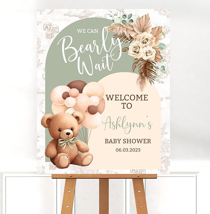 Green Bear Balloon Baby Shower Sign, We Can Bearly Wait Baby Shower Welcome Sign, Boho Bearly Wait Cute Decor Sign #7