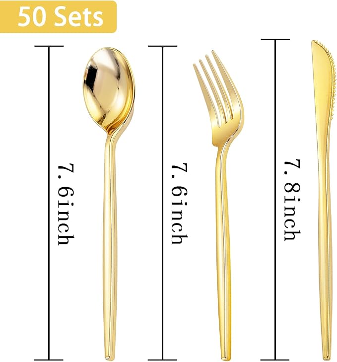 PULOTE 150PCS Thanksgiving Gold Plastic Silverware Disposable - Heavy Duty Gold Plastic Cutlery - Gold Plastic Utensils Set Include 50 Knives,50 Forks,50 Spoons for Party&Wedding