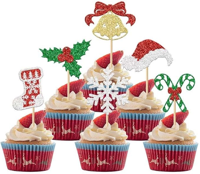24Pcs Christmas Cupcake Toppers Xmas Sock Hat Snowflake Bell Candy Canes Cupcake Picks for Xmas Holiday New Year Holiday Baby Shower Kids Birthday Party Supplies