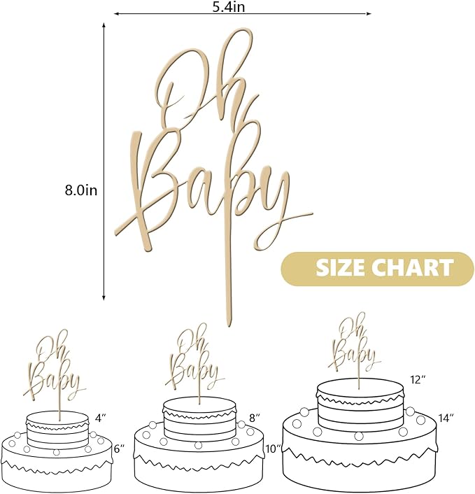 Wooden Oh Baby Cake Topper, New Baby Photo Booth Props, Wooden Cake Topper for Baby Shower or Birthday Decorations (Design02)