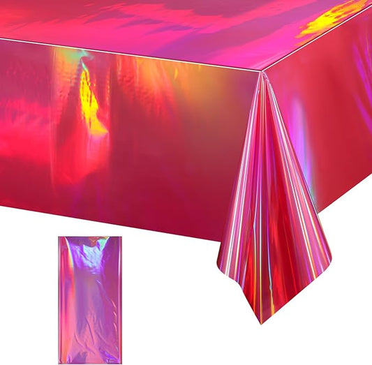 1 Pack Hot Pink Iridescence Plastic Tablecloths Shiny Disposable Laser Rectangle Table Covers Holographic Foil Tablecloth Iridescent Party Decorations Birthday Bridal Wedding Christmas, 54 x 108 Inch