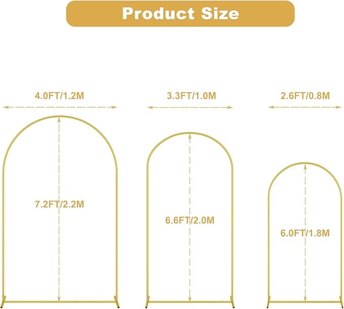 UDEAR Metal Arch Backdrop Stand Set of 2(7.2FT,6.6FT),Arch Kit for Weddings,Parties,Events,Climbing Plants,Baby Shower Photo Backdrops,Gold