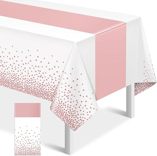 1Pcs White and Rose Gold Tablecloth Party Decorations,Plastic White Table Cloth Printed Rose Gold Table Runner Disposable Rectangle Cover for Birthday Anniversary Wedding Grad Party,54 x108 Inch