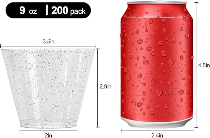 I00000 9oz 200 Pack Silver Plastic Cups, 9 Ounce Plastic Wine Cups with Silver Glitter Design, Fancy Wedding Cup, Cocktail Disposable Cup, Perfect for Parties, Wedding and Festival Events