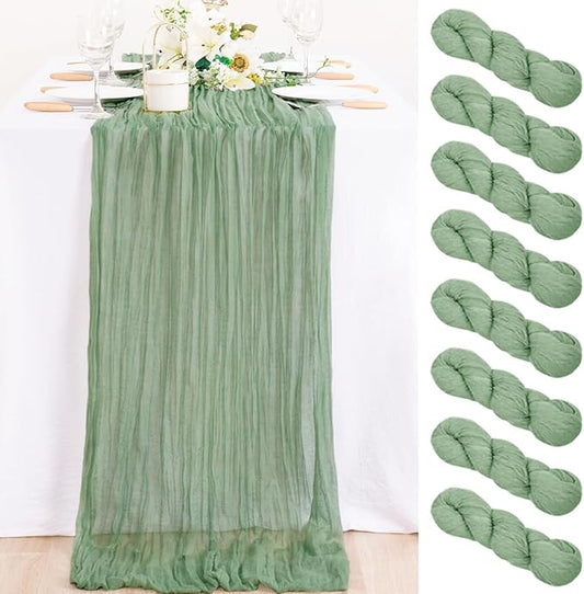 MLMC 8 Pack Sage Green Table Runner 10ft Rustic Gauze Cheesecloth Table Runner 35x120 Inches Cheese Cloth for Boho Wedding Bridal Shower Centerpiece Decor
