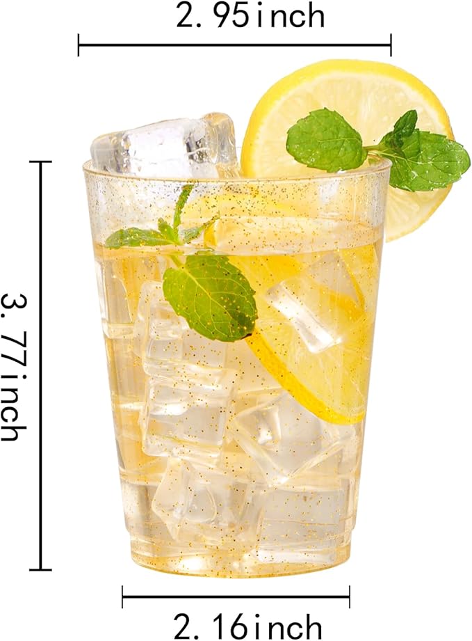 I00000 60 Pack 10oz Gold Plastic Cups, Premium Disposable Gold Glitter Plastic Cups for Martini and Cocktail,Hard Clear Disposable Cup with Gold Glitter Perfect for Fancy Wedding and Elegant Party Cup