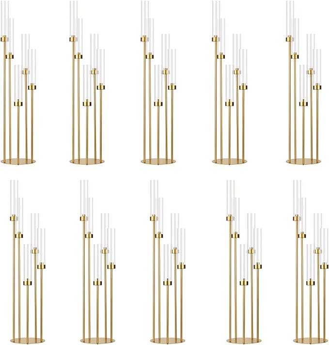 10PCS Gold Floor Candelabra,5 Arm Candle Holder Tall Floor Candle Holder with Acrylic Lampshade for Wedding Table Birthday Party Home Decoration Fit LED Taper Candles