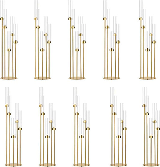 10PCS Gold Floor Candelabra,5 Arm Candle Holder Tall Floor Candle Holder with Acrylic Lampshade for Wedding Table Birthday Party Home Decoration Fit LED Taper Candles
