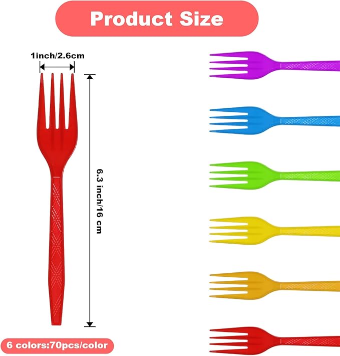 420 Pcs Rainbow Disposable Plastic Forks Bulk - Colorful Cutlery for Parties, Picnics, Weddings & Events (6 Vibrant Colors, 70 Each)
