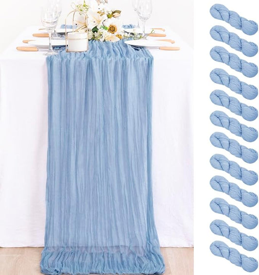 MLMC 12 Pack Dusty Blue Table Runner 10ft Boho Gauze Cheesecloth Table Runner 35x120 Inches Rustic Cheese Cloth Centerpiece for Wedding Bridal Shower Baby Shower Party Decor