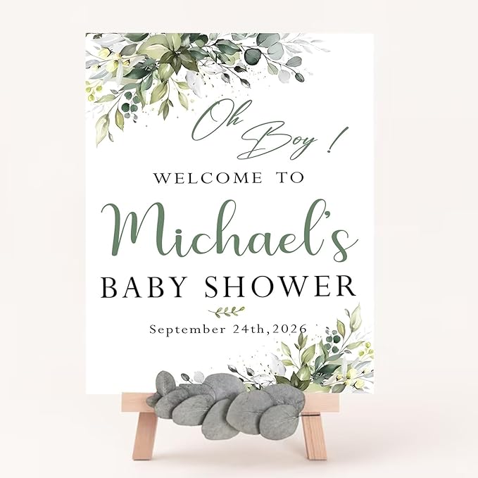 Greenery Baby Shower Sign - Rustic Welcome Decoration for Boy, Leaves Theme