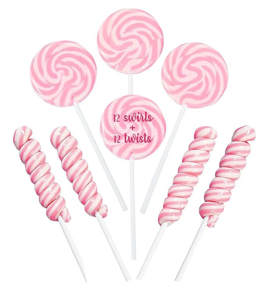 Pink Candy - 12 Swirl And 12 Twisty Lollipops - PACK 24 Suckers Individually Wrapped - Candy Buffet