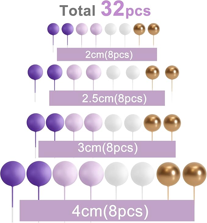 ASTARON 32 Pcs Ball Cake Topper Decorations Mini Balloons Cake Topper Sticks Foam Balls Cake Picks Cake Topper Balls Cake Decorations for Wedding Party Birthday Cake Decorating (Purple Gold)