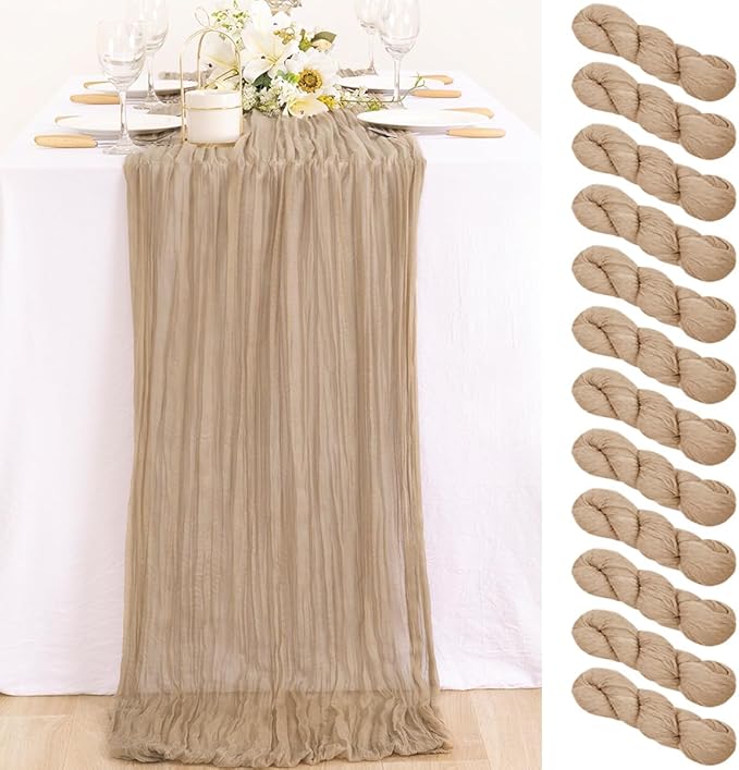 MLMC 12 Pack Nude Cheesecloth Table Runner 10ft Boho Rustic Gauze Taupe Cheese Cloth Table Runner Neutral Winter Decor 35x120 Inches for Reception Wedding Bridal Shower Party Decor