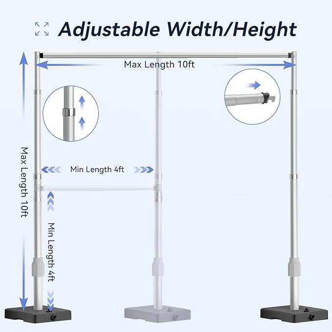 EMART 10x10ft Backdrop Stand Heavy Duty Kit with Water Tank Base, Pipe and Drape Adjustable Photo Backdrop Stand for Wedding, Party, Baby Shower, Christmas, Birthday Decorations-Silver