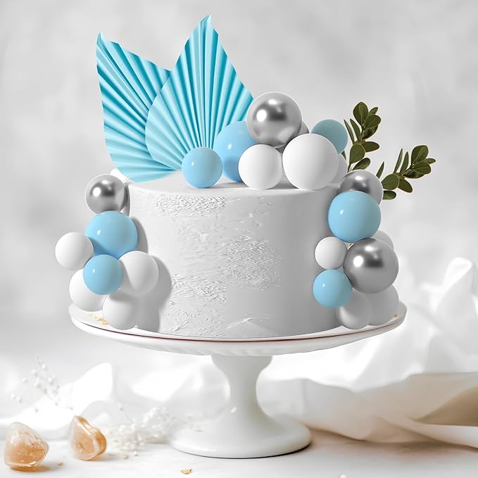 NEBURORA 64 Pcs Balls Cake Toppers and Leaves Decoration Set Mini Balloons for Cake Decorating Supplies Balls Cake decorations for Baby Shower Cake Toppers Birthday Cake Decorations(Blue Silver)