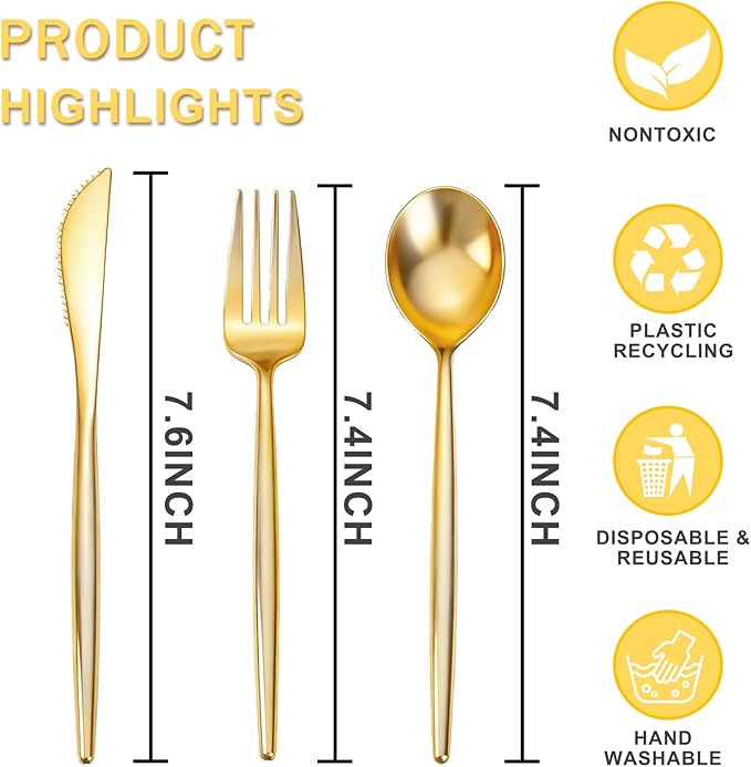 Rubtlamp 90Pcs Christmas Gold Plastic Silverware, Gold Disposable Christmas Utensils, Plastic Cutlery Include 30 Plastic Knives, 60 Forks and Spoons, Fancy Plastic Silverware Heavy Duty for Party