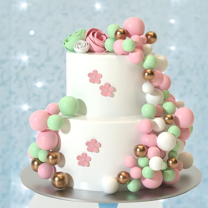 ASTARON Ball Cake Topper, 32 Pcs Foam & Wire Decorations, Mini Balloons Cake Topper Sticks, 4 Colors & Sizes for Wedding Party Birthday Cake Decorating