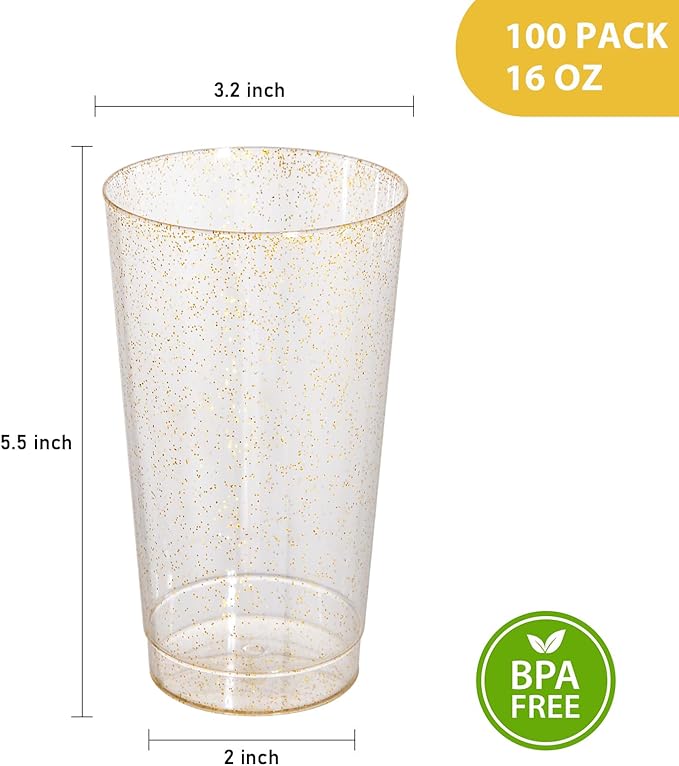 I00000 16 oz Gold Plastic Cups, 100 Pack Gold Glitter Plastic Cups Tumblers Disposable Party Cups Wedding Cups, Heavy-duty Plastic Disposable Cups Ideal for Halloween,Thanksgiving & Christmas Parties