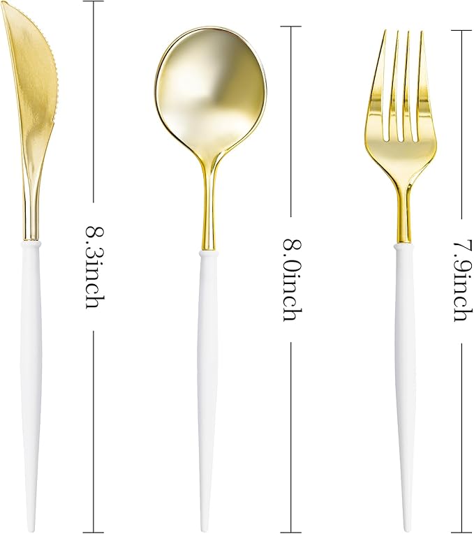 N9R 90PCS Gold Plastic Silverware - Gold Plastic Cutlery Set with White Handle, Heavy Duty Plastic Silverware with 30 Spoons, 30 Forks, 30 Knives - Perfect for Birthday Party, wedding and Everyday Use