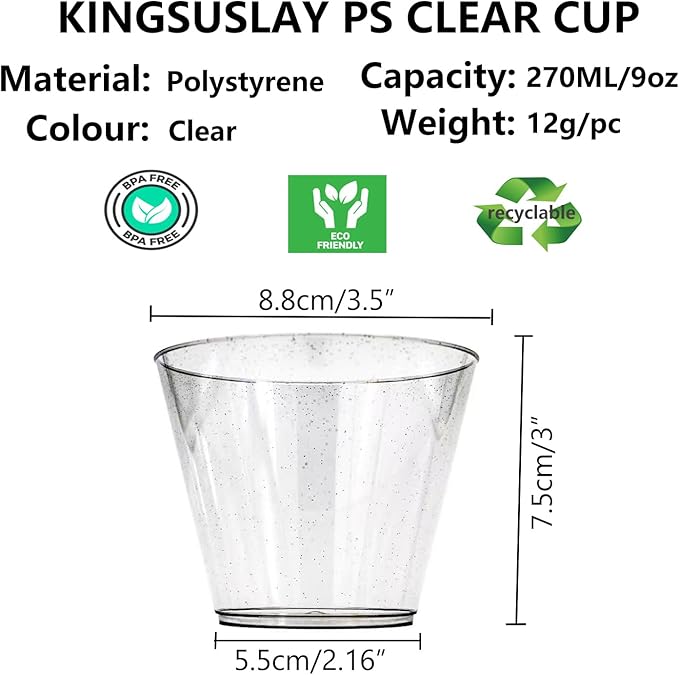 50Pack Glitter Sliver Plastic Cups, 9 oz Clear Fancy Disposable Cups,Clear Plastic Tumblers for Weddings,Birthday,Thanksgiving, Christmas,Halloween as Party Cups.