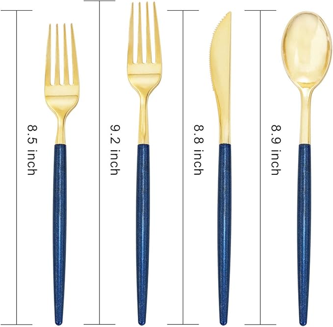 Supernal 180pcs Gold and Blue Plastic Silverware,Gold Plastic Flatware with Blue Glitter Handle,Disposable Cutlery for Party,Unique Disposable Utensils Suit for Party,Birthday,Wedding