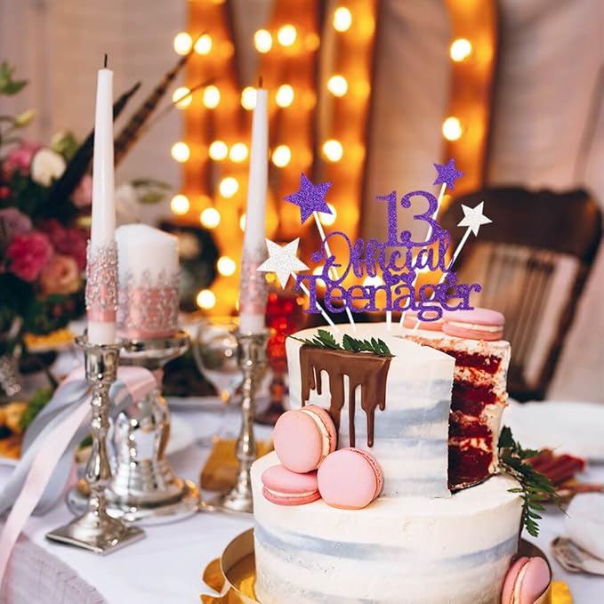 Glittery 13 Ofiicial Teenager Cake Topper with Star,13th Happy Birthday Cake Topper Party Decorations Party Supplies for Boys Girls Purple Silver