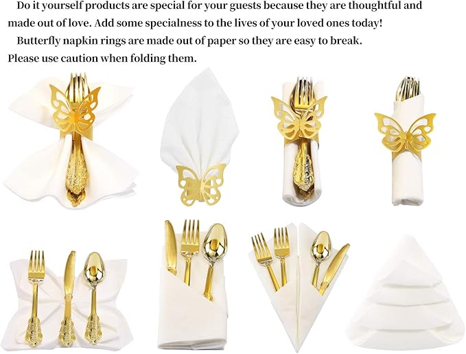 Nervure 200PCS Gold Plastic Silverware Set- Disposable Flatware - Disposable Gold Plastic Cutlery for Party- Includes 50 Forks,50 Spoons,50 Knives,50 Napkins,50 Butterfly Clasp