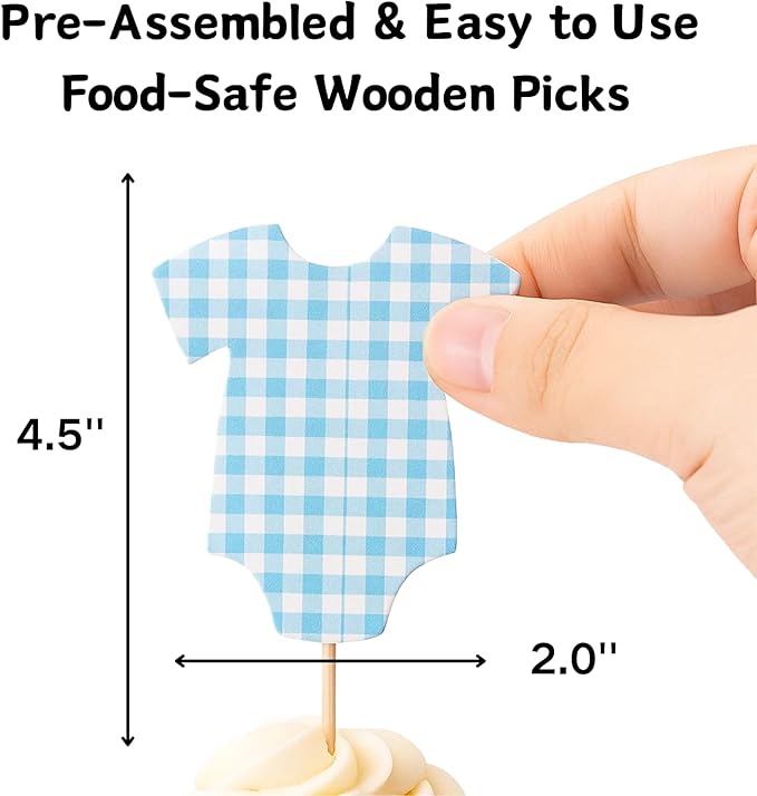 ALISSAR 36 Pcs Blue Gingham Cupcake Toppers - Baby Shower Decorations for Boys, Bodysuit & Cupcake Toppers, Diaper Cake Decor, Gender Reveal Party Supplies