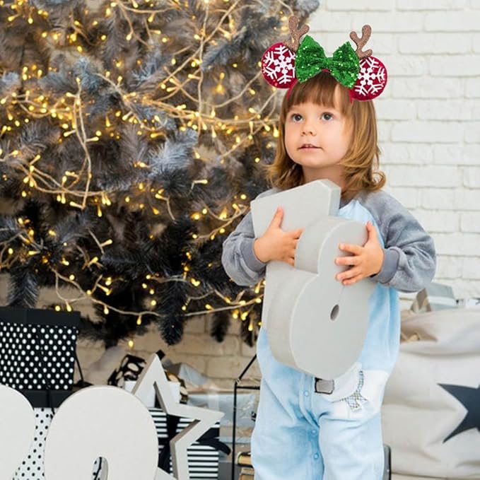 1 Pack Christmas Snowflake Headbands Mouse Ears Hairband Elk Antler Hair Hoop Green Red Glitter Sequins Bow Headband Hair Ornament for Christmas Cosplay Princess Dress Up Party Hair Accessories