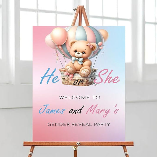 Baby Girl Welcome Signs, Bear Theme For Gender Reveal Ceremony, Teddy Bear Themed Gender Reveal Decorations, Gender Reveal Sign, Hot Air Balloon Theme For Girls