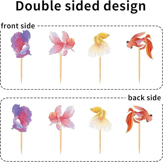 28 pcs Double Sided Goldfish Cupcake Toppers ornamental fish Theme Decorations Baby Shower Happy Birthday Party aquarium Party Cake fish Decoration Supplies
