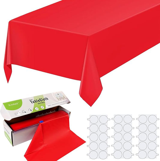 54 in X 32.8 Ft Plastic Table Cloth Roll Disposable Red Tablecloth with Slide Cutter Box for Rectangle Round Tables,Picnic,Camping,Banquet,Party,Birthdays, Baby Shower [with Fixed Stickers]