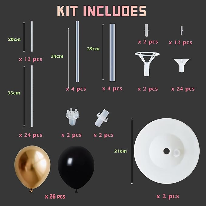 Balloon Column Kit for Floor- Balloon Stand kit set of 2, with Black&Gold Metallic Chrome balloon, Base&Pole,Tower Backdrop Decoration for Wedding, Baby Shower, Birthday Party, or Bachelorette