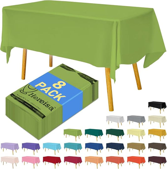 8-Count Light Green Disposable Plastic Tablecloths Rectangle 54x108 Inch - Extra Long Waterproof Banquet Table Covers for Parties & Catering