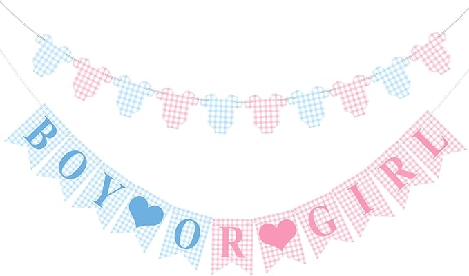 1 Pcs Blue Pink Gingham Boy or Girl Clothesline Bodysuit Banner for Party Decorations Pre Strung Baby Shower Gender Reveal Paper Banner for Table, Wall, Mantel Display Party Decor Supplies