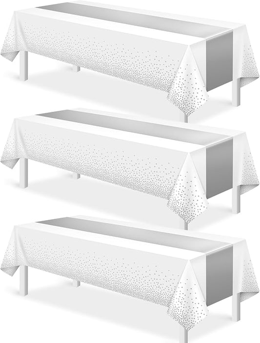 3Pcs White and Silver Tablecloth Party Decorations,Plastic White Table Cloth Printed Silver Runner Disposable Rectangle Table Cover for Birthday Wedding Anniversary Graduation Party,54 x108 Inch