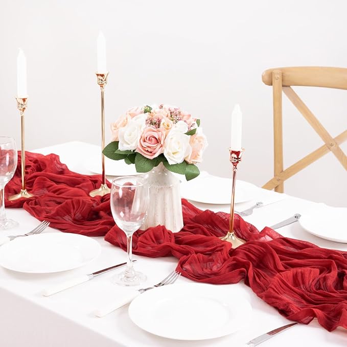 MLMC 3 Pack Red Table Runner Boho Rustic Gauze Cheesecloth Table Runner Cheese Cloth Centerpiece Decor 35x120 Inches for Wedding Winter Reception Christmas Valentine's Day Decor