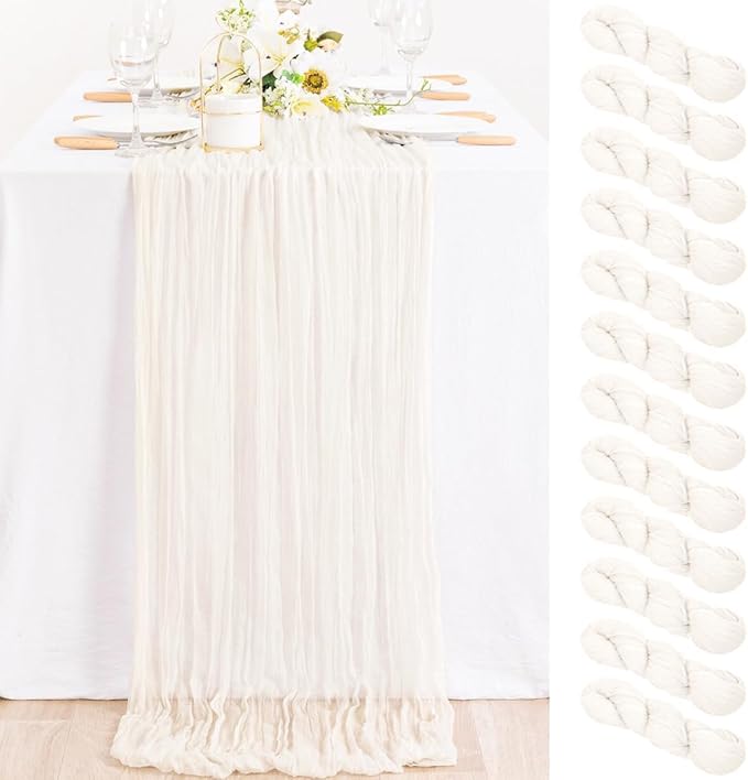 MLMC 12 Pack Ivory White Cheesecloth Table Runner Rustic Gauze White Cheese Cloth Table Runner 10ft Boho Cheese Cloth Centerpiece 35x120 Inches for Dessert Anniversary Wedding Bridal Shower Decor