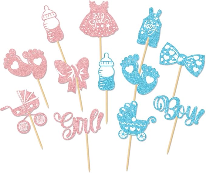 36PCS Gender Reveal Cupcake Toppers – Pink and Blue Color Scheme Baby Shower Decorations with Glitter Paper Bottles, Bows, Bodysuits, Pants, Dresses & Feet for Boy or Girl Party