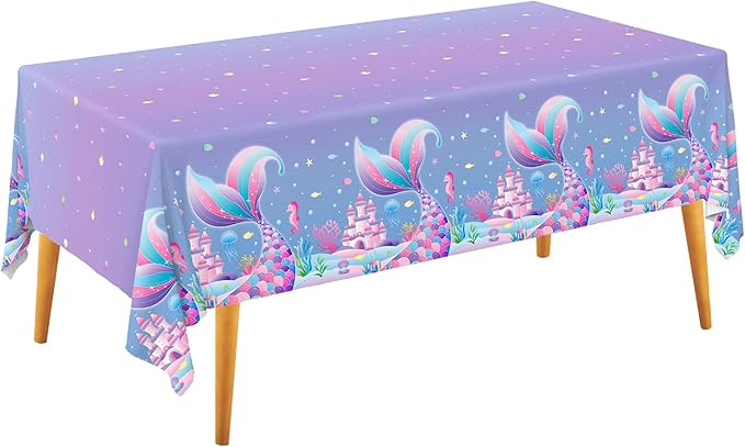 Gatherfun Mermaid Party Supplies Set: Mermaid Birthday Decorations, Includes 2-Pack Mermaid-Themed Tablecloths for Kids & Girls 1st Birthday, Mermaid Party Decorations Table Covers 54 x 108 Inch