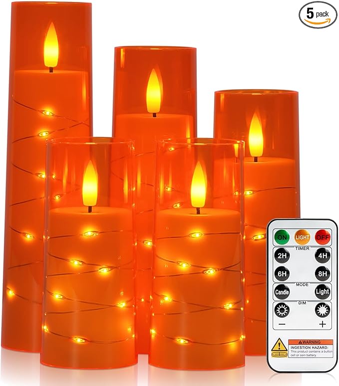 Raycare Flameless Candle with Remote Timer – 5 Flickering Acrylic Battery Operated LED Pillar Candles with Embedded Star String for Halloween, Home Decor, and as a Gift(Orange)