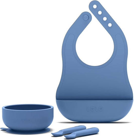 Lalo First Bites Starting Solids Silicone Baby Feeding Set with Suction Bowl, 2 Spoons and 1 Bib - 4-Piece Baby-Led Weaning Supplies - Non-Toxic Silicone Infant Tableware - Blueberry