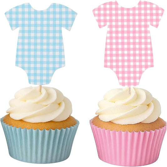 ALISSAR 36 Pcs Blue & Pink Gingham Cupcake Toppers - Gender Reveal Decorations, Baby Shower Cake Topper for Boys & Girls, Diaper Cake Decor, Gender Reveal Party Supplies