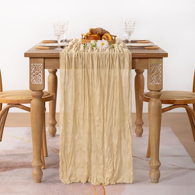 MLMC Champagne Cheesecloth Table Runner 10ft Sand Rustic Gauze Cheese Cloth Table Runner 35x120 Inches for Farmhouse Cozy Holiday Outdoor Events Home Decor