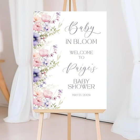 Baby in bloom welcome sign, purple floral Dreamy meadow welcome sign, wildflower baby shower sign, Welcome to Baby shower, Garden flowers