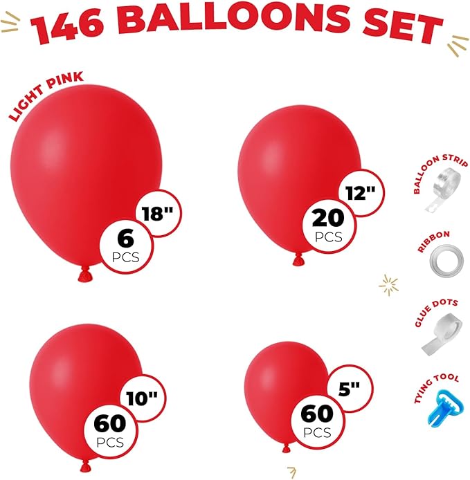 Balloon Garland Arch Kit – 146 Pcs Red Balloons for Baby Shower, Birthday, Gender Reveal, Wedding Party – DIY Kit by Vellax™