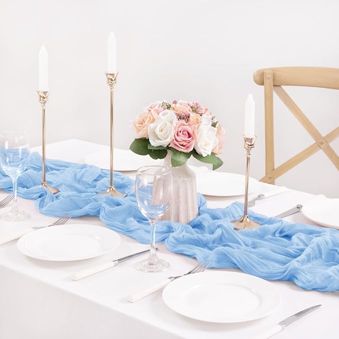 MLMC 8 Pack Baby Blue Table Runner Light Blue Cheesecloth Table Runner 10ft Rustic Gauze Blue Cheese Cloth Baby Shower Decor 35x120 Inches for Gender Reveal Birthday Wedding Party Decor