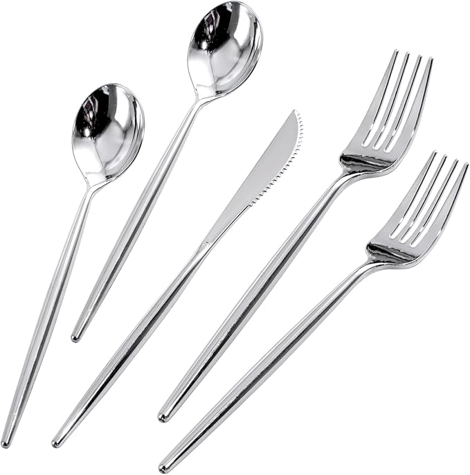 Rubtlamp 180 Pcs Silver Plastic Silverware, Silver Utensils Heavy Duty, Elegant Plastic Cutlery, Fancy Disposable Flatware, Forks Spoons and Knives Set For Party Mother's Day